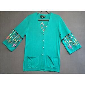 Bob Mackie S Green Tribal Feather Embroidered Cardigan Pockets V Neck 3/4 Sleeve